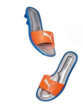 PUMA FENTY Women's Orange Strap Slide Sandals with Blue Sole